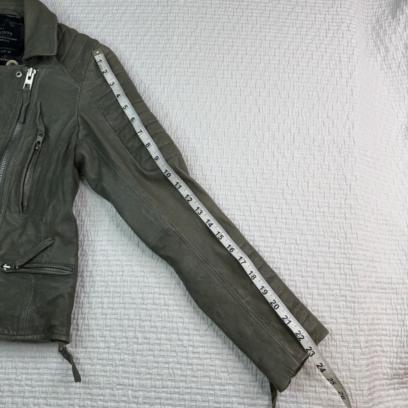AllSaints Leather Sail Biker Moto Jacket Green Women's Size US 6 NWT Distressed - Picture 12 of 14